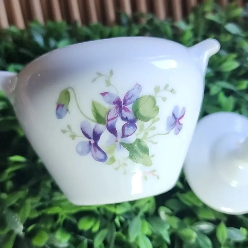 Vintage Small Sugar Bowl with Violets & Gold Tone Accents made In Japan Coquette